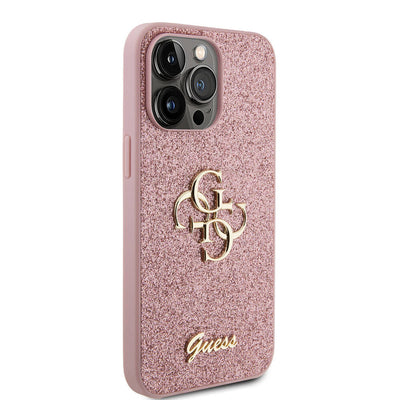 Apple iPhone 14 Pro Max Kılıf Guess Orjinal Lisanslı 4G Büyük Metal Logolu Glitter Kapak Pembe