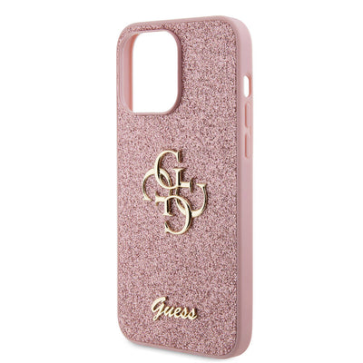 Apple iPhone 14 Pro Max Kılıf Guess Orjinal Lisanslı 4G Büyük Metal Logolu Glitter Kapak Pembe