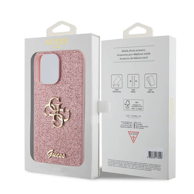 Apple iPhone 14 Pro Max Kılıf Guess Orjinal Lisanslı 4G Büyük Metal Logolu Glitter Kapak Pembe
