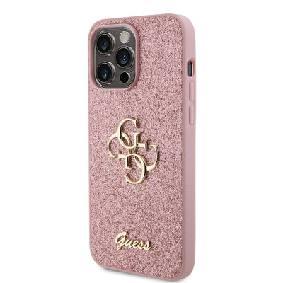 Apple iPhone 14 Pro Max Kılıf Guess Orjinal Lisanslı 4G Büyük Metal Logolu Glitter Kapak Pembe