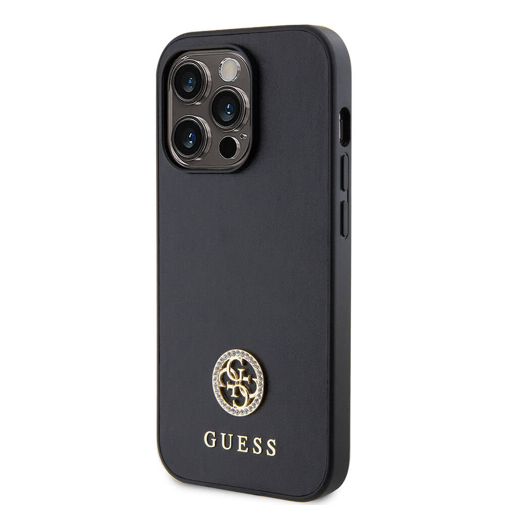 Apple iPhone 14 Pro Max Kılıf Guess Orjinal Lisanslı Deri 4G Metal Logo Strass Kapak Gold