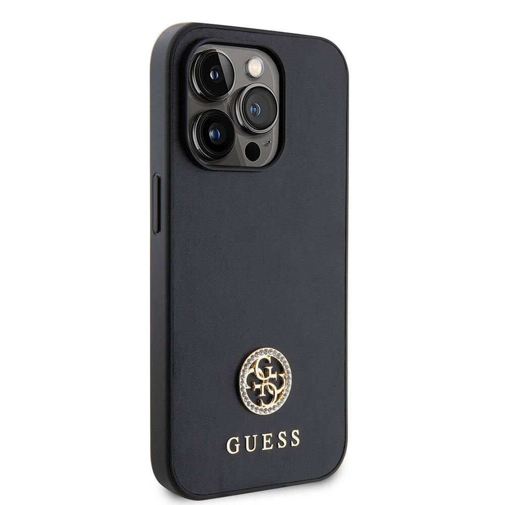 Apple iPhone 14 Pro Max Kılıf Guess Orjinal Lisanslı Deri 4G Metal Logo Strass Kapak Gold