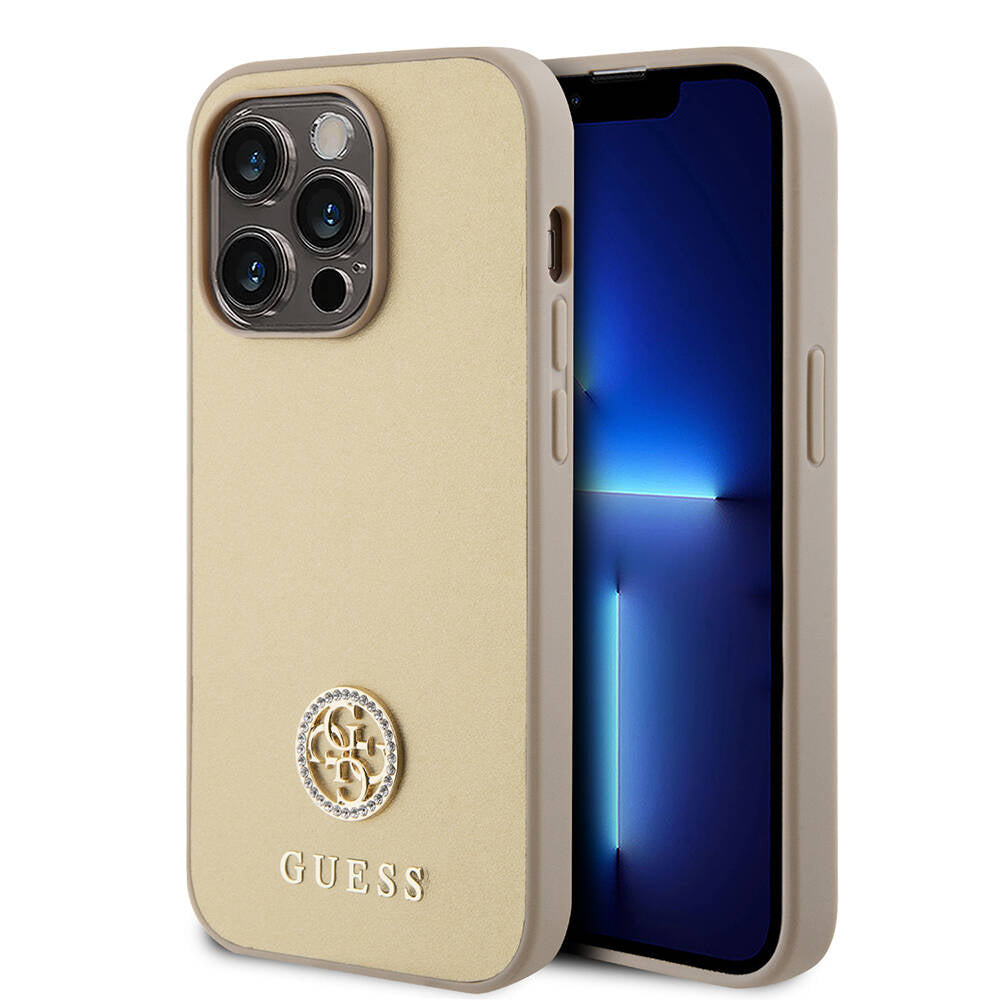 Apple iPhone 14 Pro Max Kılıf Guess Orjinal Lisanslı Deri 4G Metal Logo Strass Kapak Gold