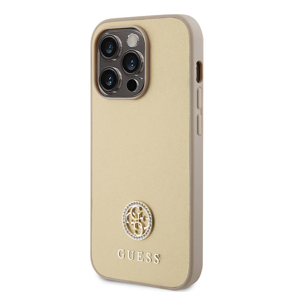 Apple iPhone 14 Pro Max Kılıf Guess Orjinal Lisanslı Deri 4G Metal Logo Strass Kapak Gold
