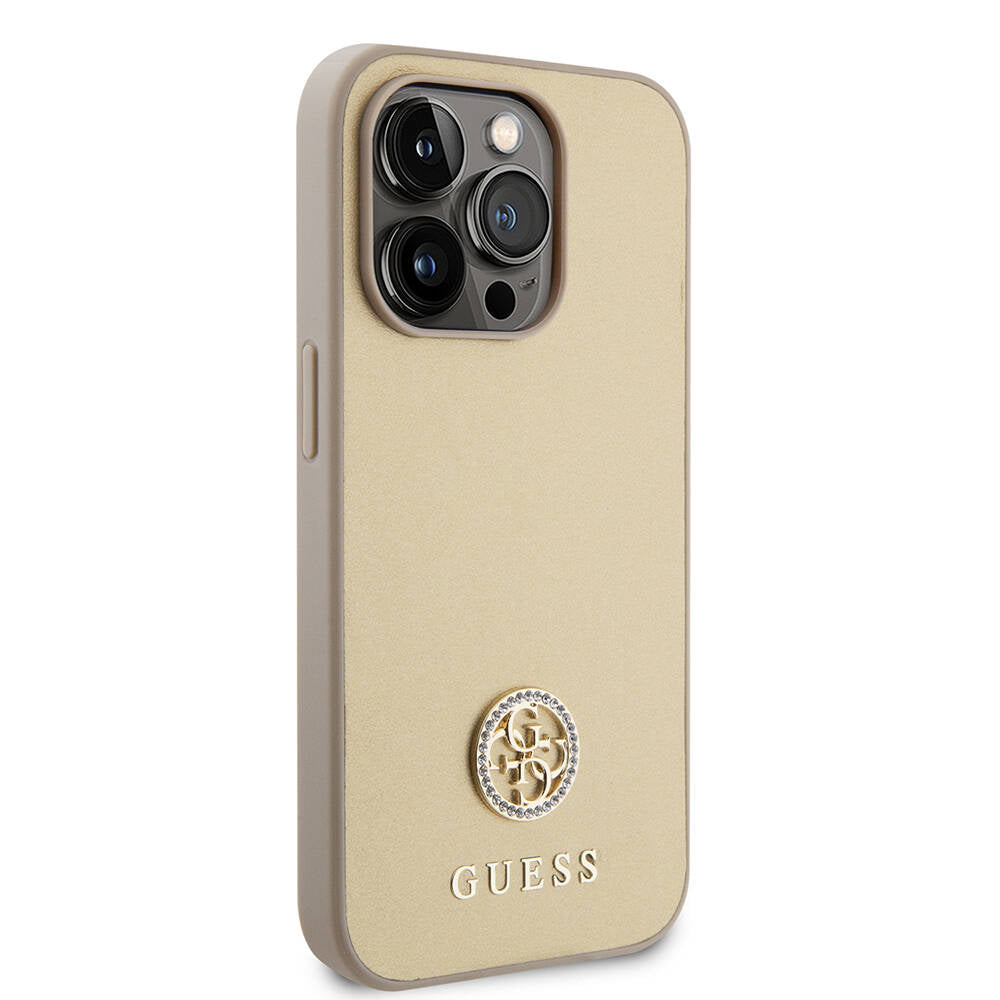 Apple iPhone 14 Pro Max Kılıf Guess Orjinal Lisanslı Deri 4G Metal Logo Strass Kapak Gold