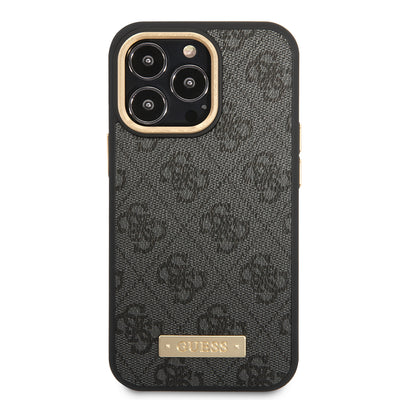 Apple iPhone 14 Pro Max Kılıf Guess Orjinal Lisanslı M-safe Şarj Özellikli 4G Desenli PU Metal Plaka Klasik Logolu Kapak Siyah