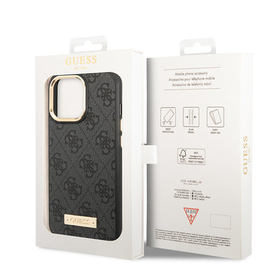 Apple iPhone 14 Pro Max Kılıf Guess Orjinal Lisanslı M-safe Şarj Özellikli 4G Desenli PU Metal Plaka Klasik Logolu Kapak Siyah