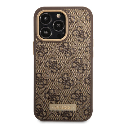 Apple iPhone 14 Pro Max Kılıf Guess Orjinal Lisanslı M-safe Şarj Özellikli 4G Desenli PU Metal Plaka Klasik Logolu Kapak Siyah