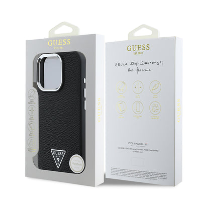 Apple iPhone 14 Pro Max Kılıf Guess Orjinal Lisanslı M-safe Şarj Özellikli Grained Triangle Kapak Siyah