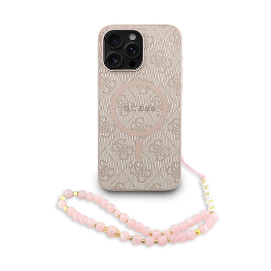 iPhone 14 Pro Max Kılıf Guess Orjinal Lisanslı M-safe Şarj Özellikli PU Deri Bilek Askı İpli Yazı Logolu Kılıf