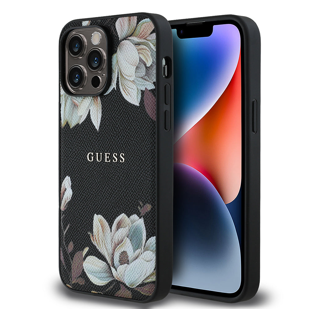 iPhone 14 Pro Max Kılıf Guess Orjinal Lisanslı M-safe Şarj Özellikli Taneli Çiçek Tasarımlı Metal Yazı Logolu Kılıf