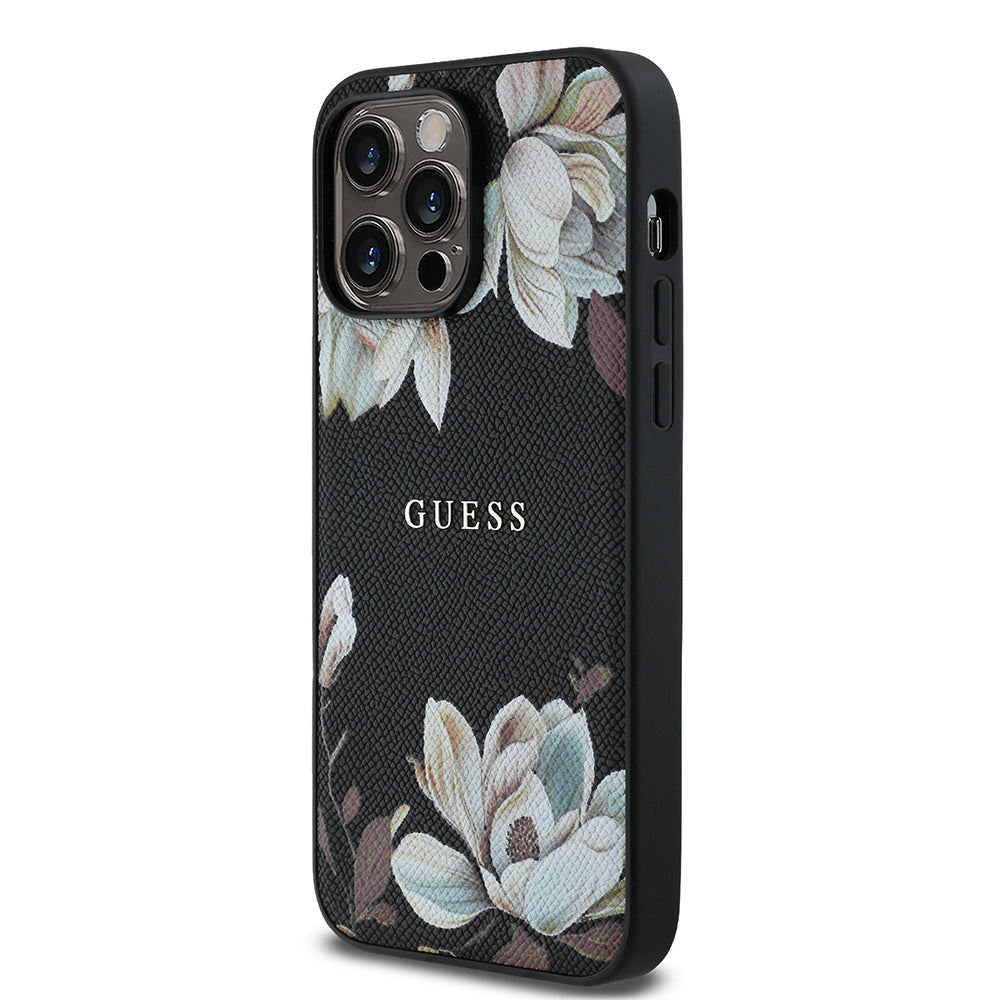iPhone 14 Pro Max Kılıf Guess Orjinal Lisanslı M-safe Şarj Özellikli Taneli Çiçek Tasarımlı Metal Yazı Logolu Kılıf