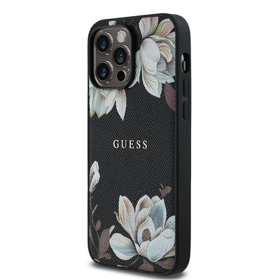 Apple iPhone 14 Pro Max Kılıf Guess Orjinal Lisanslı M-safe Şarj Özellikli Taneli Çiçek Tasarımlı Metal Yazı Logolu Kapak Siyah