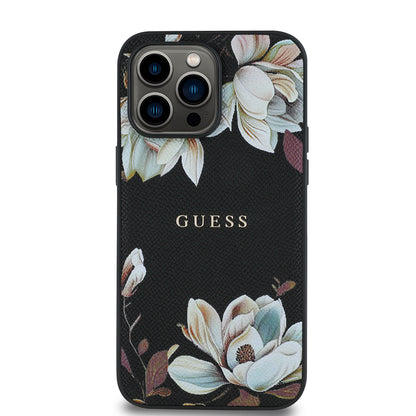 iPhone 14 Pro Max Kılıf Guess Orjinal Lisanslı M-safe Şarj Özellikli Taneli Çiçek Tasarımlı Metal Yazı Logolu Kılıf