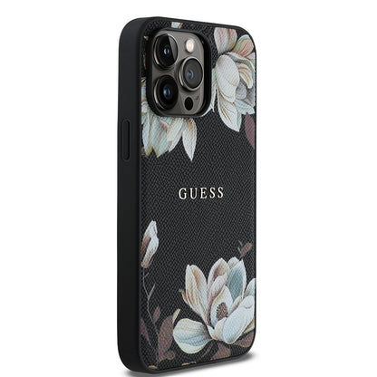 iPhone 14 Pro Max Kılıf Guess Orjinal Lisanslı M-safe Şarj Özellikli Taneli Çiçek Tasarımlı Metal Yazı Logolu Kılıf