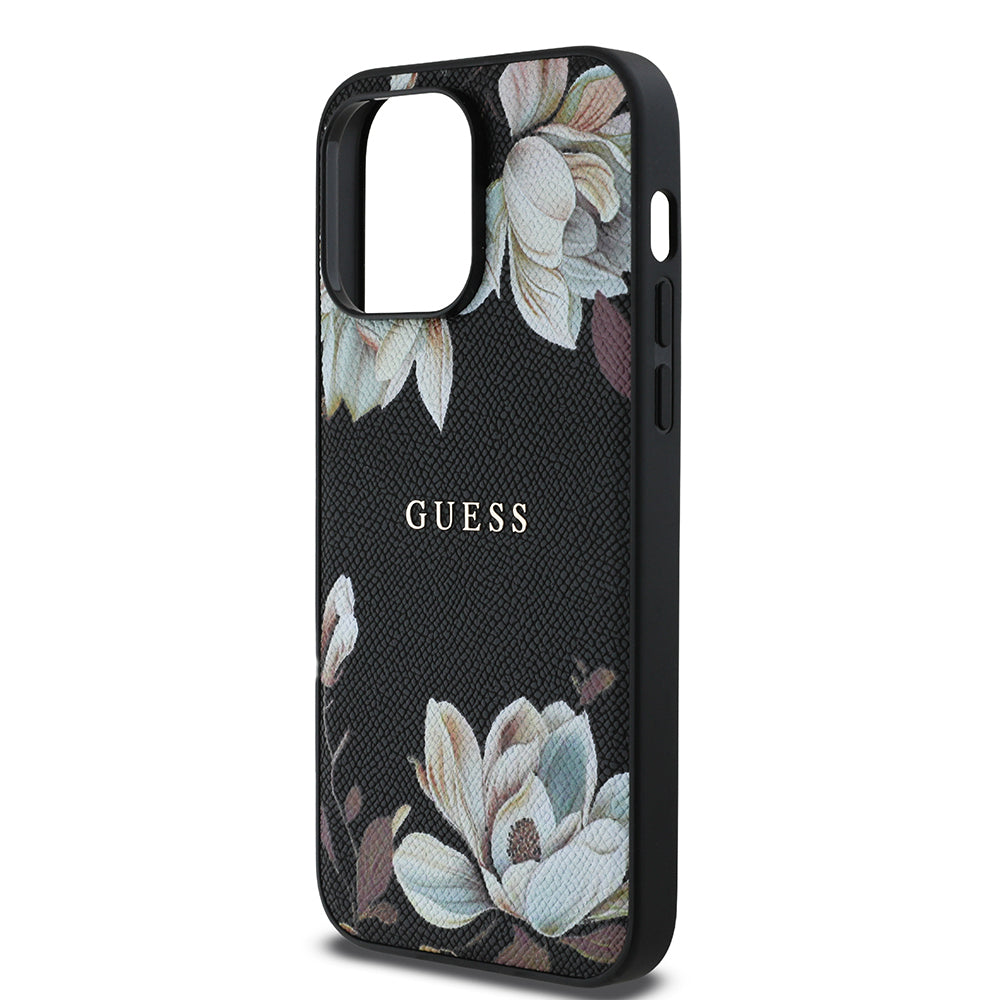 iPhone 14 Pro Max Kılıf Guess Orjinal Lisanslı M-safe Şarj Özellikli Taneli Çiçek Tasarımlı Metal Yazı Logolu Kılıf