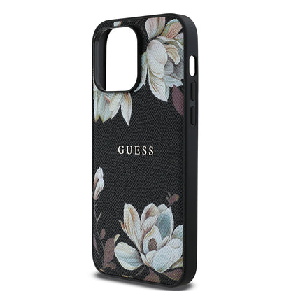 iPhone 14 Pro Max Kılıf Guess Orjinal Lisanslı M-safe Şarj Özellikli Taneli Çiçek Tasarımlı Metal Yazı Logolu Kılıf