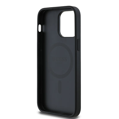 Apple iPhone 14 Pro Max Kılıf Guess Orjinal Lisanslı M-safe Şarj Özellikli Taneli Çiçek Tasarımlı Metal Yazı Logolu Kapak Siyah