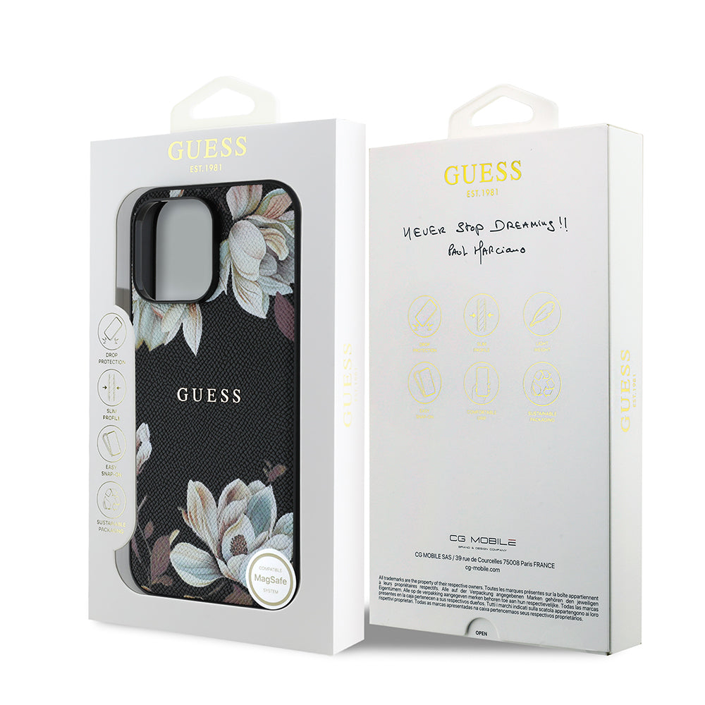 iPhone 14 Pro Max Kılıf Guess Orjinal Lisanslı M-safe Şarj Özellikli Taneli Çiçek Tasarımlı Metal Yazı Logolu Kılıf