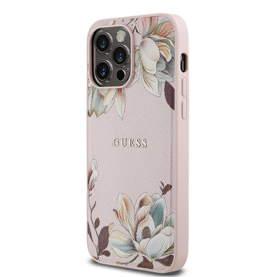Apple iPhone 14 Pro Max Kılıf Guess Orjinal Lisanslı M-safe Şarj Özellikli Taneli Çiçek Tasarımlı Metal Yazı Logolu Kapak Pembe
