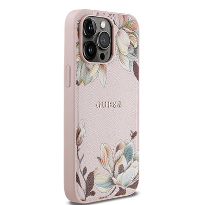 Apple iPhone 14 Pro Max Kılıf Guess Orjinal Lisanslı M-safe Şarj Özellikli Taneli Çiçek Tasarımlı Metal Yazı Logolu Kapak Pembe