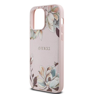 Apple iPhone 14 Pro Max Kılıf Guess Orjinal Lisanslı M-safe Şarj Özellikli Taneli Çiçek Tasarımlı Metal Yazı Logolu Kapak Pembe