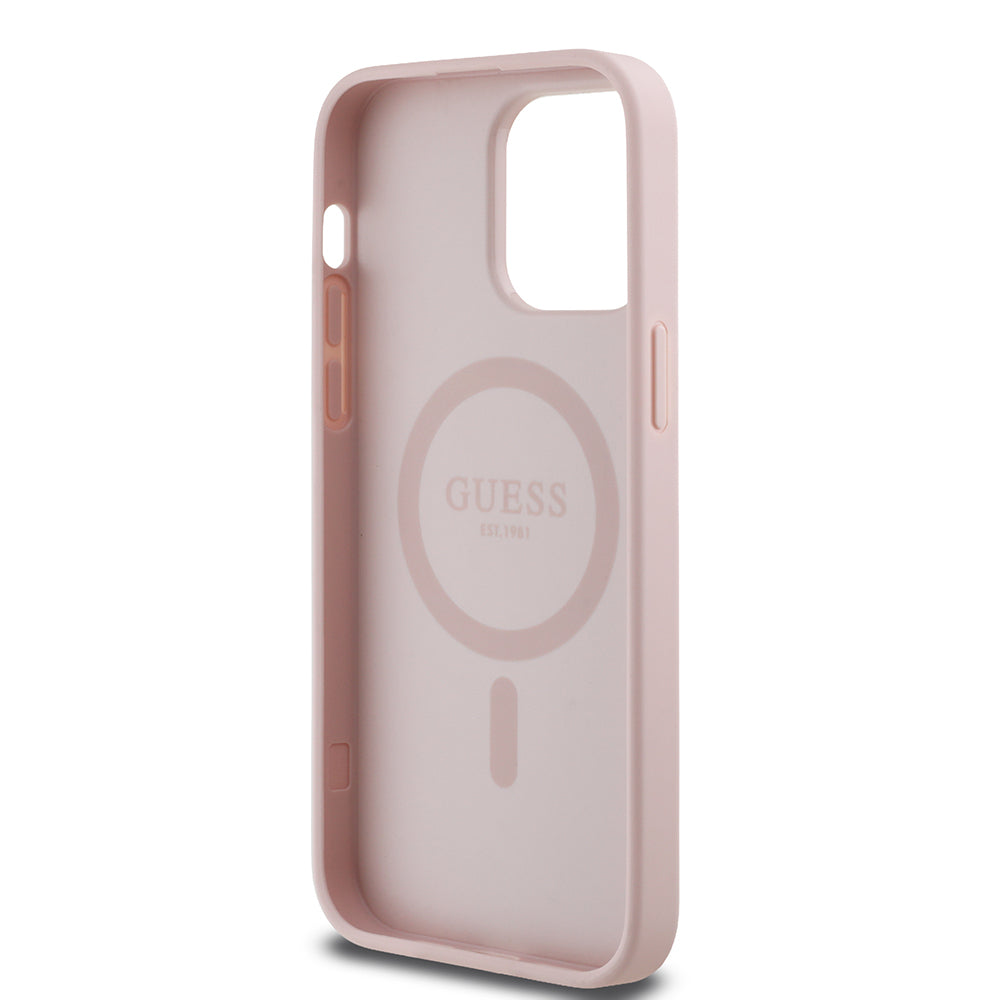 iPhone 14 Pro Max Kılıf Guess Orjinal Lisanslı M-safe Şarj Özellikli Taneli Çiçek Tasarımlı Metal Yazı Logolu Kılıf