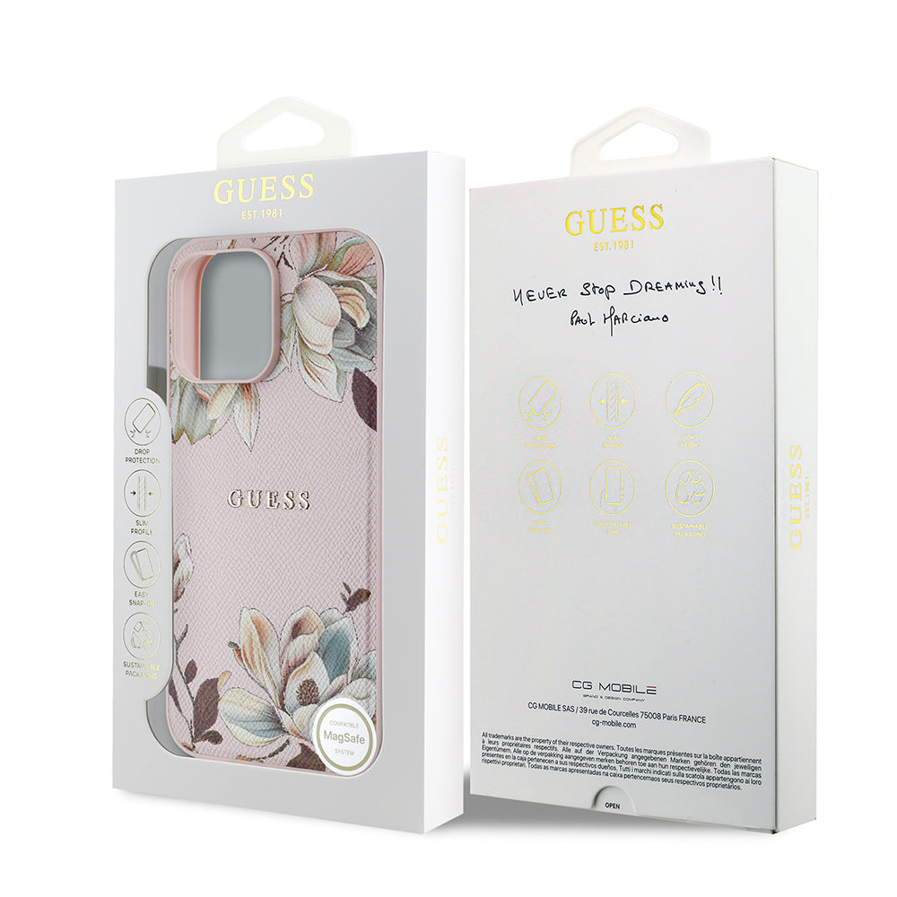 iPhone 14 Pro Max Kılıf Guess Orjinal Lisanslı M-safe Şarj Özellikli Taneli Çiçek Tasarımlı Metal Yazı Logolu Kılıf