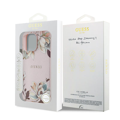 Apple iPhone 14 Pro Max Kılıf Guess Orjinal Lisanslı M-safe Şarj Özellikli Taneli Çiçek Tasarımlı Metal Yazı Logolu Kapak Pembe
