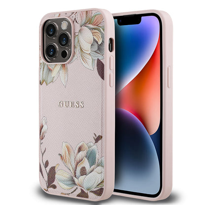 iPhone 14 Pro Max Kılıf Guess Orjinal Lisanslı M-safe Şarj Özellikli Taneli Çiçek Tasarımlı Metal Yazı Logolu Kılıf