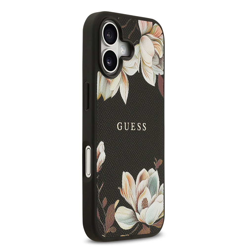 iPhone 17 Kılıf Guess Orjinal Lisanslı M-safe Şarj Özellikli Taneli Çiçek Tasarımlı Metal Yazı Logolu Kılıf