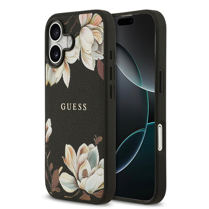 iPhone 17 Kılıf Guess Orjinal Lisanslı M-safe Şarj Özellikli Taneli Çiçek Tasarımlı Metal Yazı Logolu Kılıf
