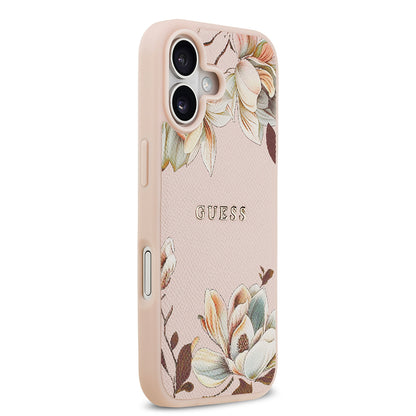 iPhone 17 Kılıf Guess Orjinal Lisanslı M-safe Şarj Özellikli Taneli Çiçek Tasarımlı Metal Yazı Logolu Kılıf