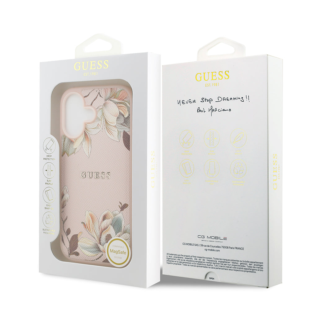 iPhone 17 Kılıf Guess Orjinal Lisanslı M-safe Şarj Özellikli Taneli Çiçek Tasarımlı Metal Yazı Logolu Kılıf