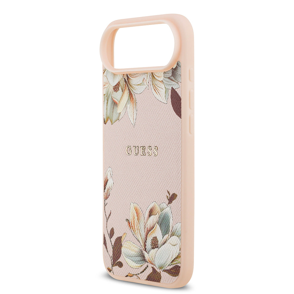 iPhone 17 Air Kılıf Guess Orjinal Lisanslı M-safe Şarj Özellikli Taneli Çiçek Tasarımlı Metal Yazı Logolu Kılıf