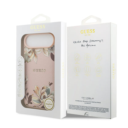 iPhone 17 Air Kılıf Guess Orjinal Lisanslı M-safe Şarj Özellikli Taneli Çiçek Tasarımlı Metal Yazı Logolu Kılıf