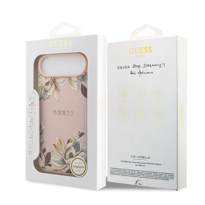 Apple iPhone 17 Air Kılıf Guess Orjinal Lisanslı M-safe Şarj Özellikli Taneli Çiçek Tasarımlı Metal Yazı Logolu Kapak Pembe
