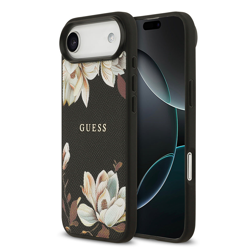 iPhone 17 Air Kılıf Guess Orjinal Lisanslı M-safe Şarj Özellikli Taneli Çiçek Tasarımlı Metal Yazı Logolu Kılıf