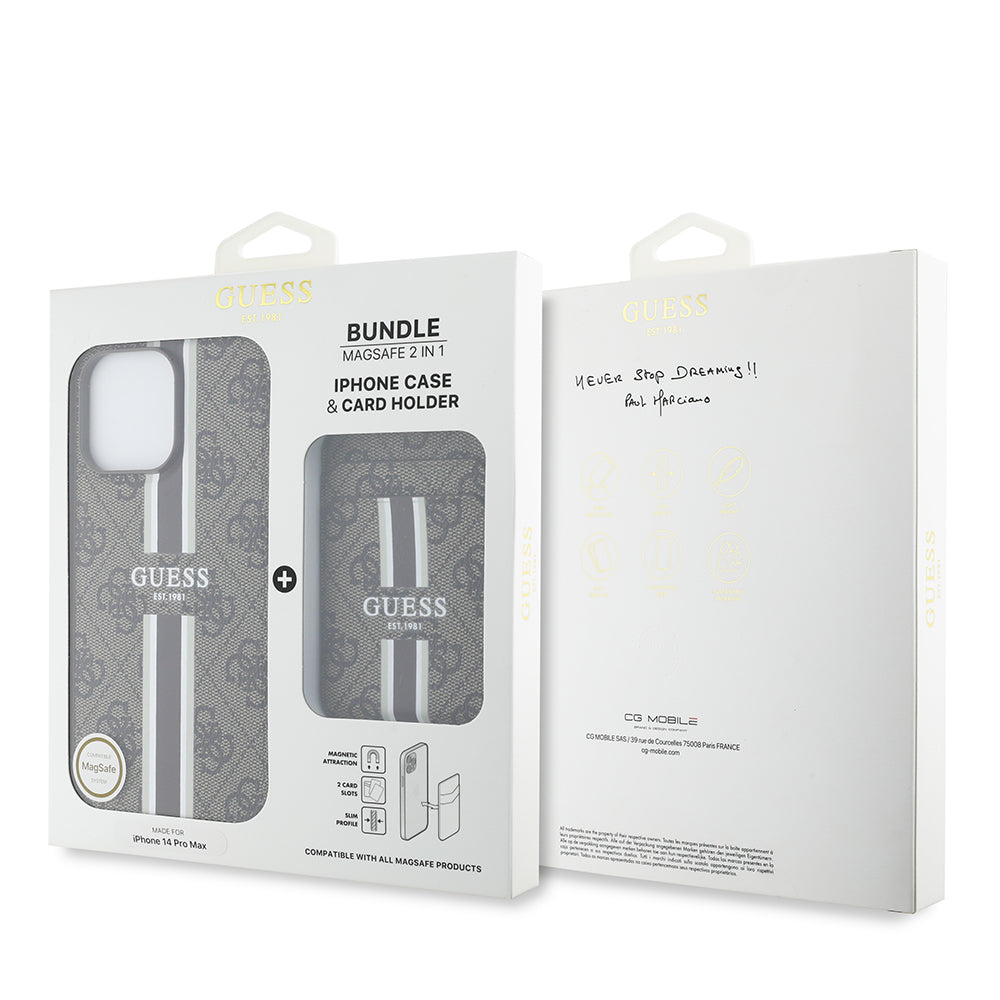 iPhone 14 Pro Max Kılıf Guess Orjinal Lisanslı M-safe Şarj Özellikli 4G Desenli Çizgili Kartlıklı Kılıf
