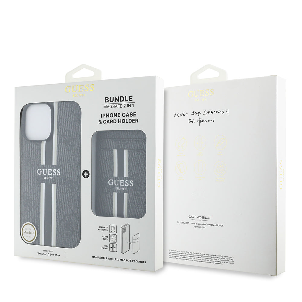 iPhone 14 Pro Max Kılıf Guess Orjinal Lisanslı M-safe Şarj Özellikli 4G Desenli Çizgili Kartlıklı Kılıf