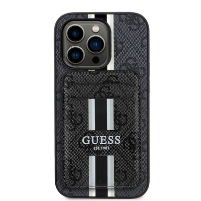 Apple iPhone 14 Pro Max Kılıf Guess Orjinal Lisanslı M-safe Şarj Özellikli 4G Desenli Çizgili Kartlıklı Kapak Kahverengi