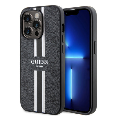 Apple iPhone 14 Pro Max Kılıf Guess Orjinal Lisanslı Magsafe Şarj Özellikli 4G Şerit Tasarımlı Printed Kapak Kahverengi