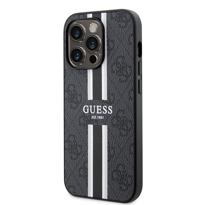 Apple iPhone 14 Pro Max Kılıf Guess Orjinal Lisanslı Magsafe Şarj Özellikli 4G Şerit Tasarımlı Printed Kapak Kahverengi
