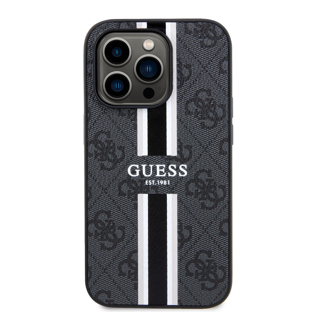 Apple iPhone 14 Pro Max Kılıf Guess Orjinal Lisanslı Magsafe Şarj Özellikli 4G Şerit Tasarımlı Printed Kapak Pembe