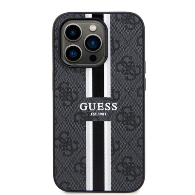 Apple iPhone 14 Pro Max Kılıf Guess Orjinal Lisanslı Magsafe Şarj Özellikli 4G Şerit Tasarımlı Printed Kapak Kahverengi