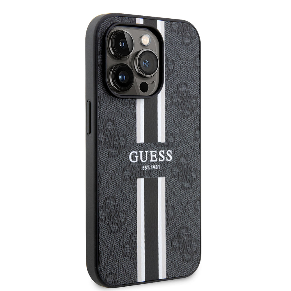 Apple iPhone 14 Pro Max Kılıf Guess Orjinal Lisanslı Magsafe Şarj Özellikli 4G Şerit Tasarımlı Printed Kapak Pembe