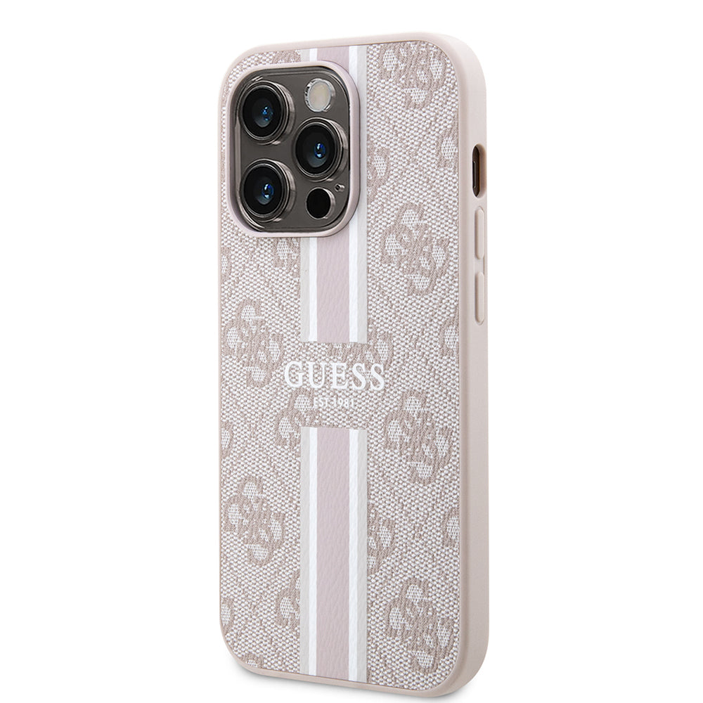 Apple iPhone 14 Pro Max Kılıf Guess Orjinal Lisanslı Magsafe Şarj Özellikli 4G Şerit Tasarımlı Printed Kapak Pembe