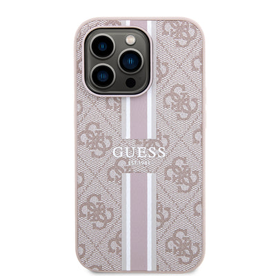 Apple iPhone 14 Pro Max Kılıf Guess Orjinal Lisanslı Magsafe Şarj Özellikli 4G Şerit Tasarımlı Printed Kapak Kahverengi