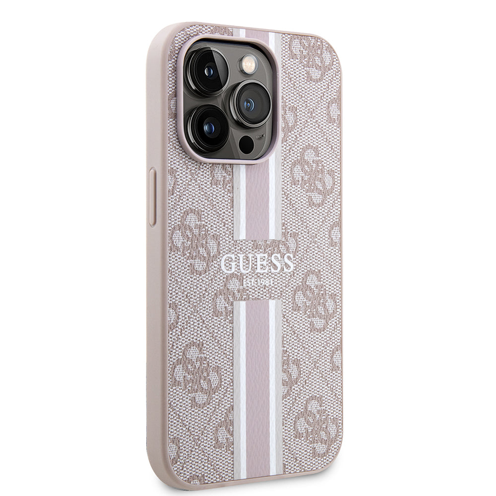 Apple iPhone 14 Pro Max Kılıf Guess Orjinal Lisanslı Magsafe Şarj Özellikli 4G Şerit Tasarımlı Printed Kapak Kahverengi