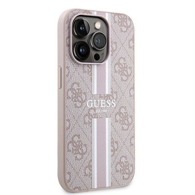 Apple iPhone 14 Pro Max Kılıf Guess Orjinal Lisanslı Magsafe Şarj Özellikli 4G Şerit Tasarımlı Printed Kapak Pembe